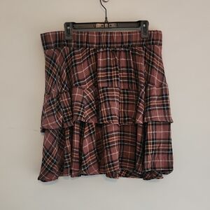 Lightweight Plaid Tiered Mini Skirt - Rust Brown
